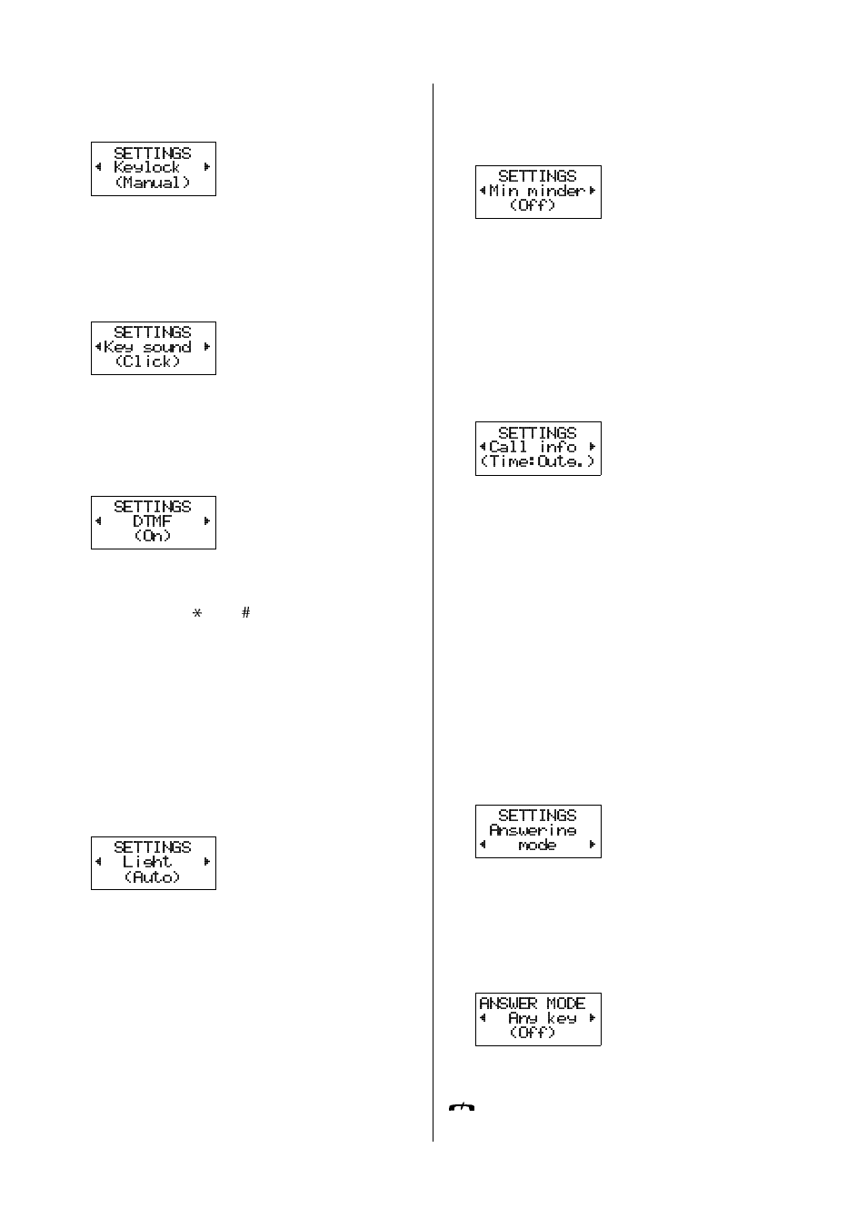 To choose manual or automatic key lock - keylock, To set the key sound – key sound, To turn the dtmf tones on/off – dtmf | To choose call time or call cost – call info | Ericsson GH388/GF388 User Manual | Page 27 / 51