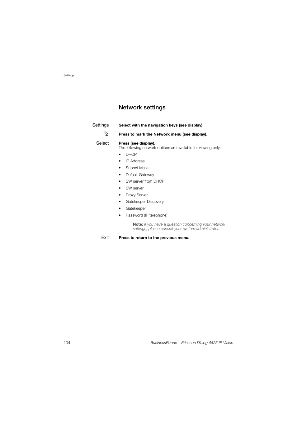 Network settings | Ericsson IP Vision Dialog 4425 User Manual | Page 104 / 152