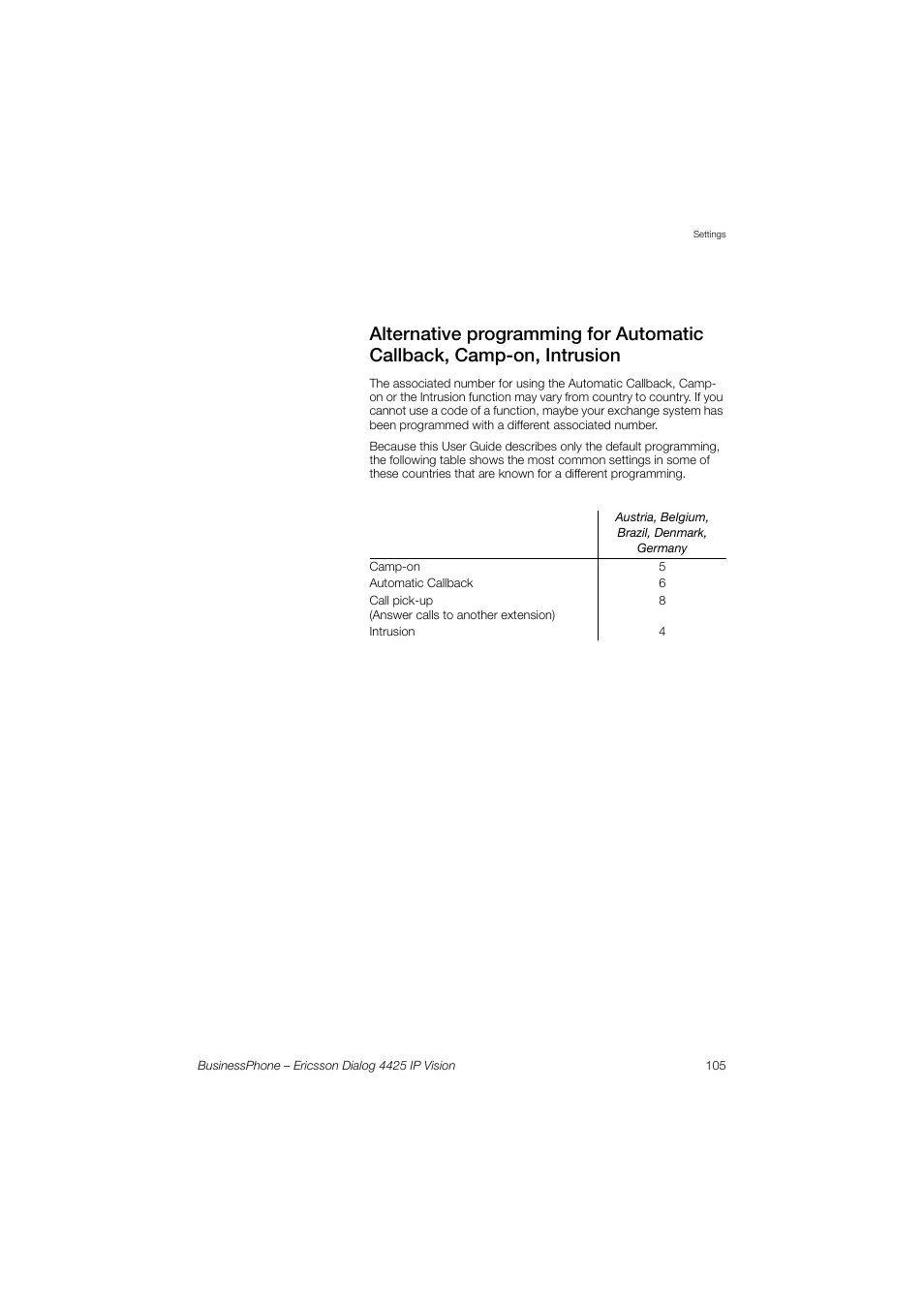 Alternative, Alternative programming for, Automatic callback, camp-on, intrusion | Table, Alternative programming for automatic, Callback, camp-on, intrusion, Alternative programming for automatic callback, Camp-on, intrusion | Ericsson IP Vision Dialog 4425 User Manual | Page 105 / 152