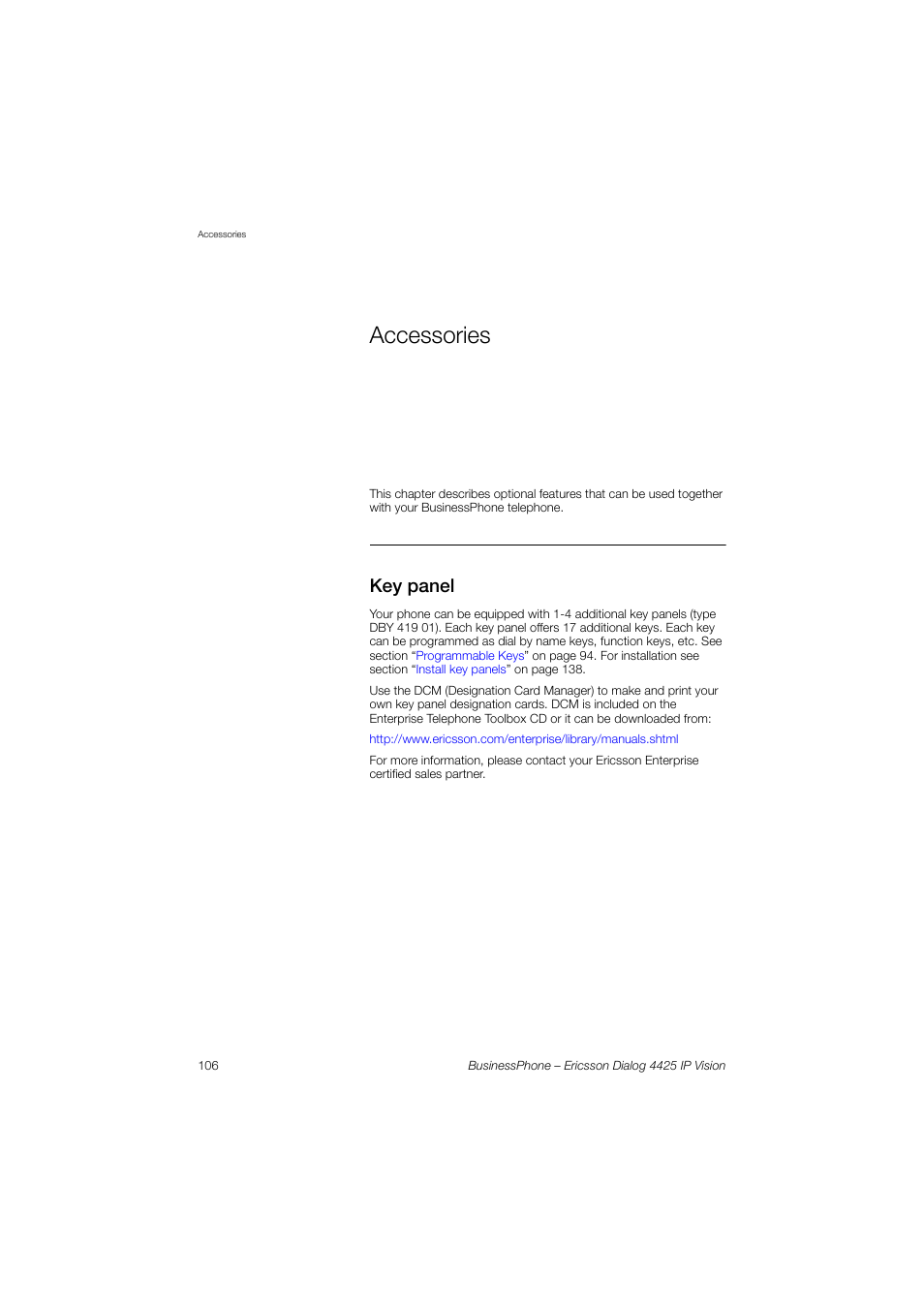 Accessories, Key panel | Ericsson IP Vision Dialog 4425 User Manual | Page 106 / 152