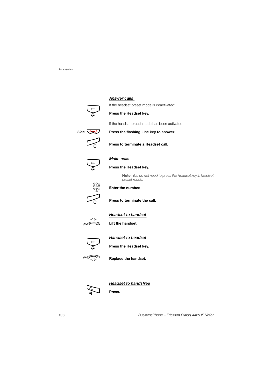 Answer calls, Make calls, Headset to handset | Handset to headset, Headset to handsfree | Ericsson IP Vision Dialog 4425 User Manual | Page 108 / 152