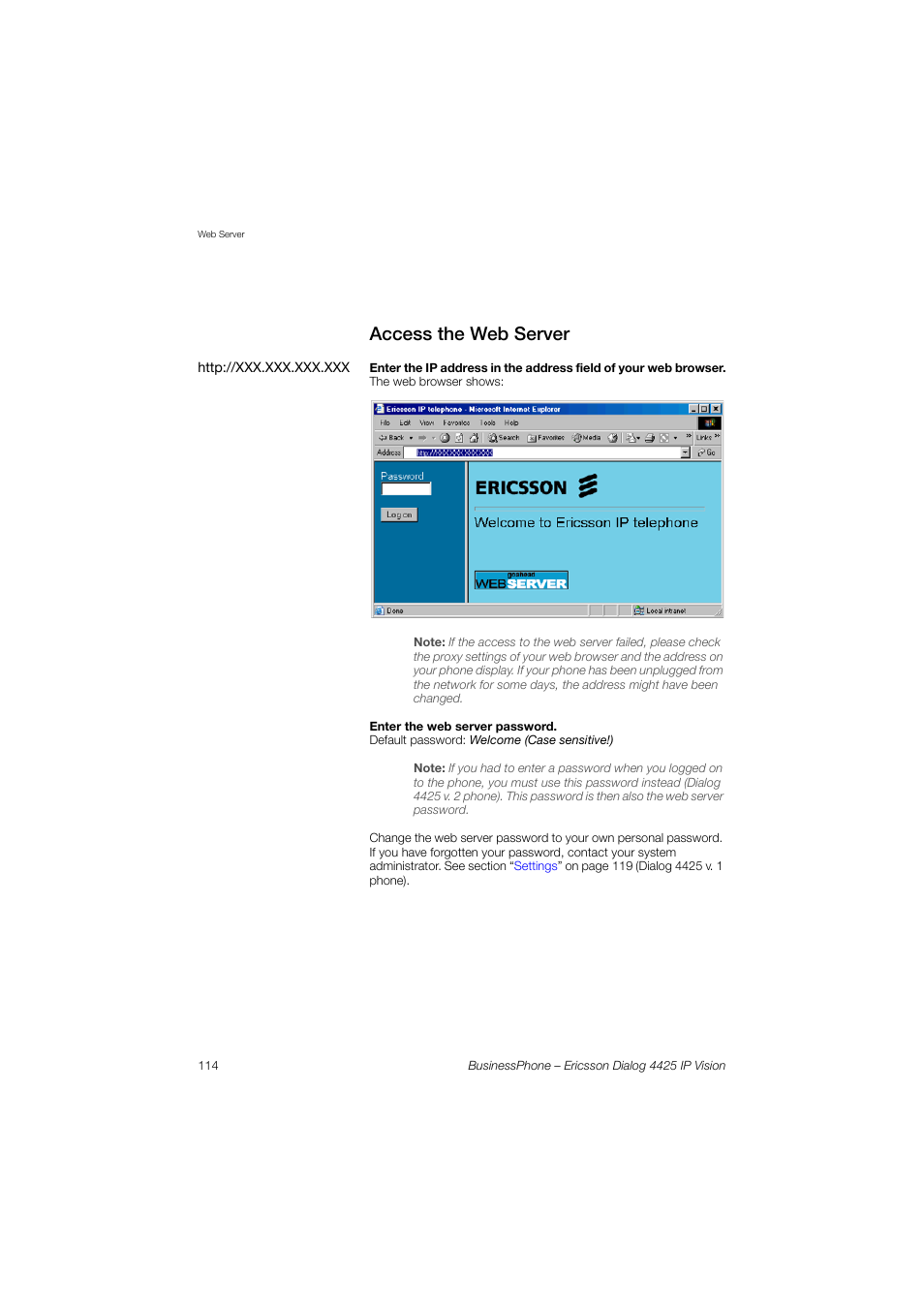 Access the web server | Ericsson IP Vision Dialog 4425 User Manual | Page 114 / 152