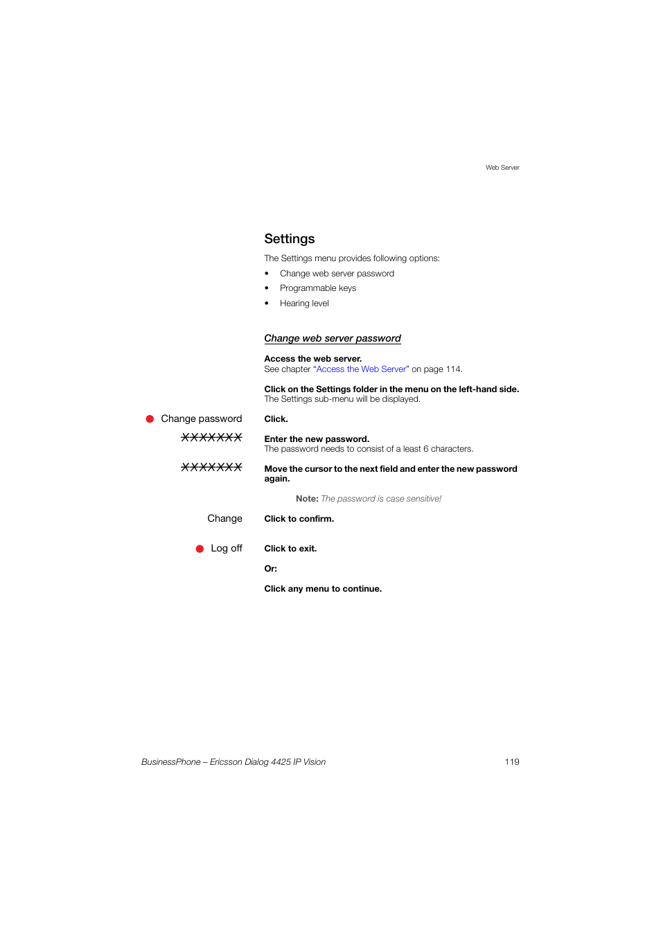 Settings, Change web server password | Ericsson IP Vision Dialog 4425 User Manual | Page 119 / 152