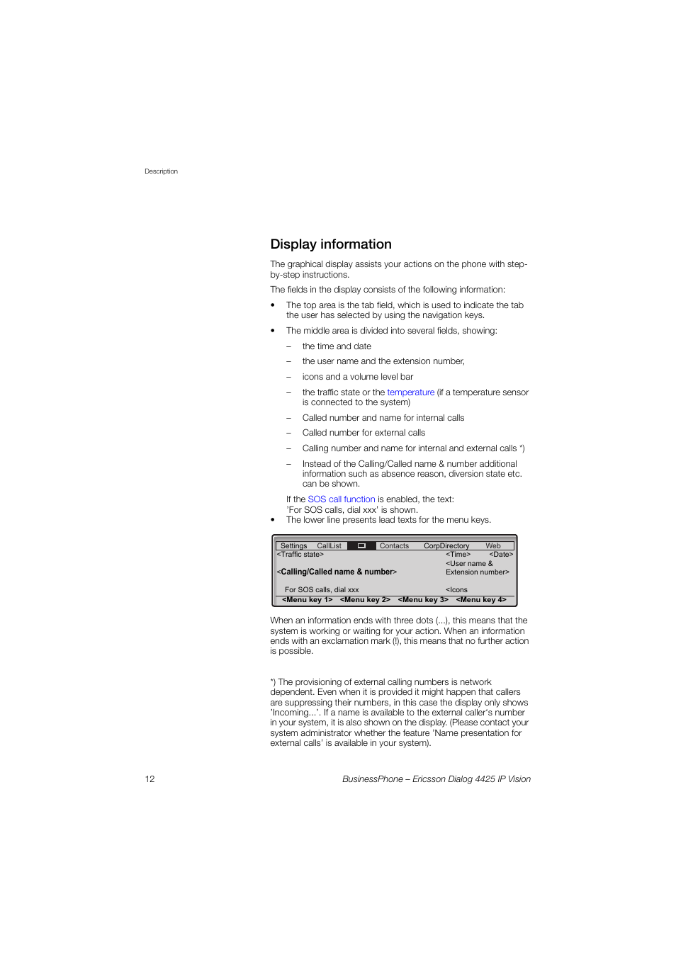 Display information, Ection | Ericsson IP Vision Dialog 4425 User Manual | Page 12 / 152