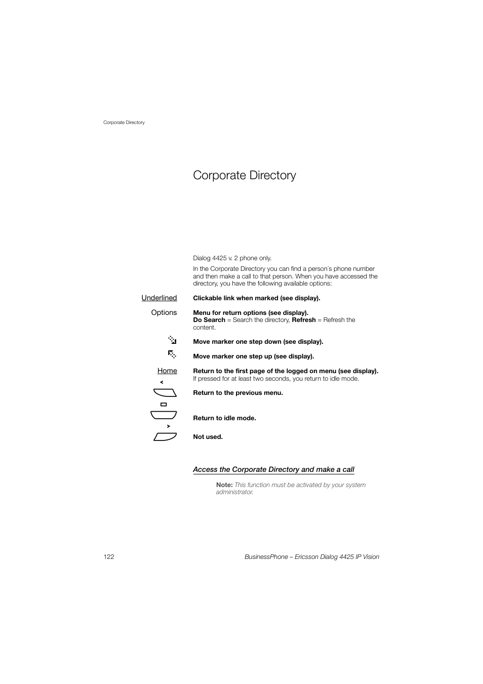 Corporate directory, Access the corporate directory and make a call, Corporate | Directory | Ericsson IP Vision Dialog 4425 User Manual | Page 122 / 152