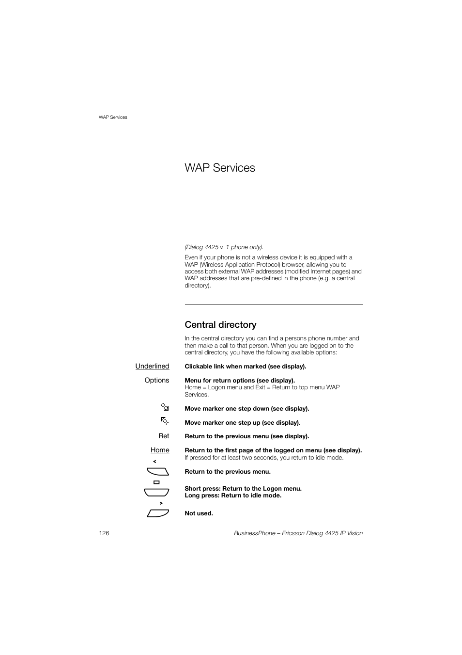 Wap services, Central directory, Services | Ericsson IP Vision Dialog 4425 User Manual | Page 126 / 152