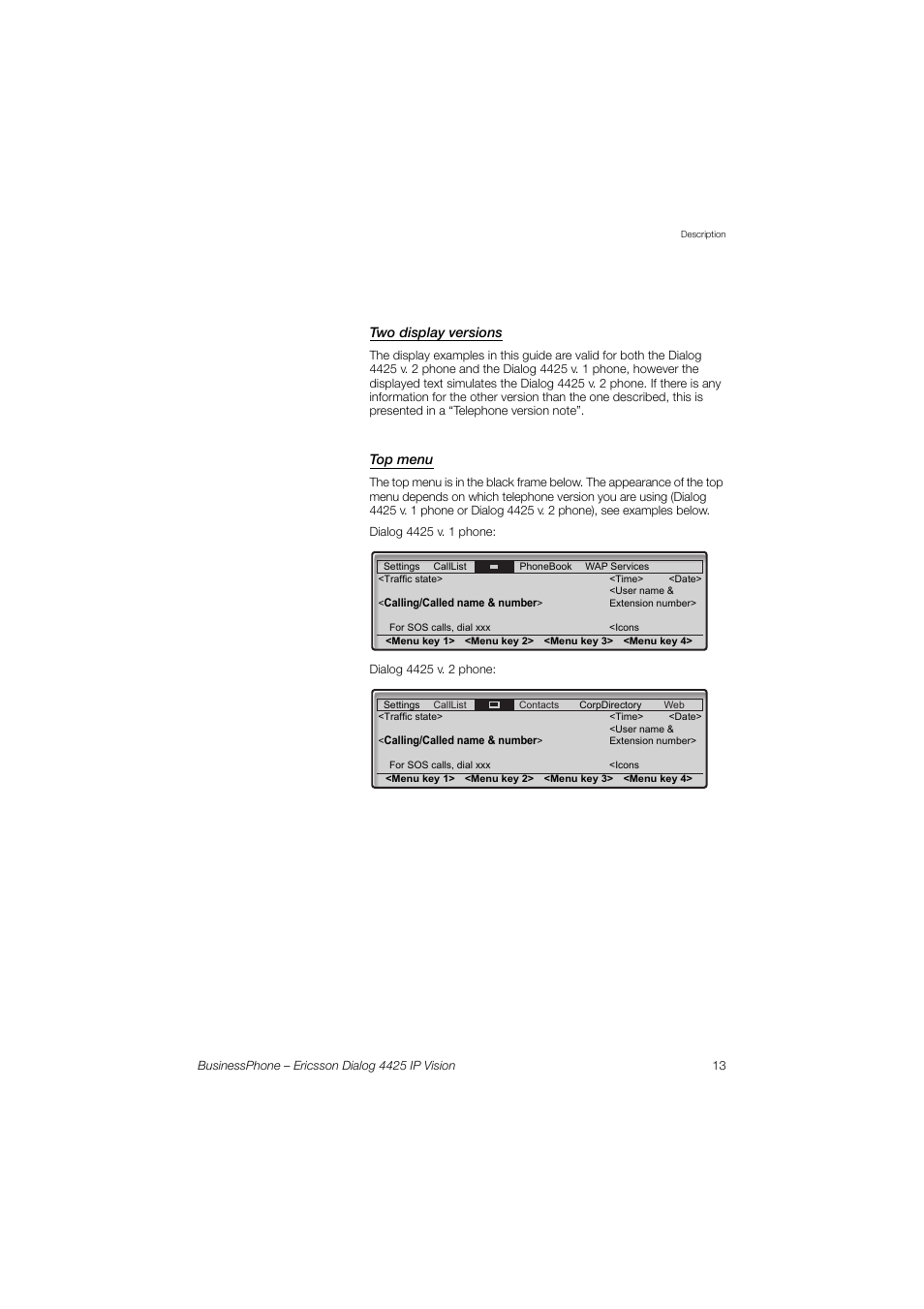 Two display versions, Top menu | Ericsson IP Vision Dialog 4425 User Manual | Page 13 / 152