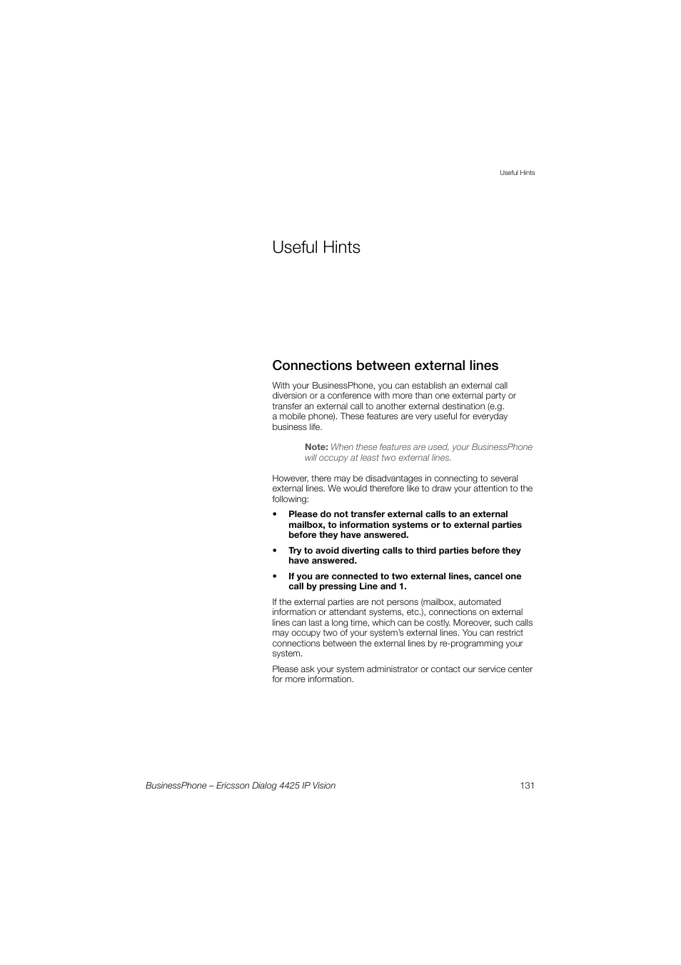 Useful hints, Connections between external lines, Rnings in section | Useful, Hints | Ericsson IP Vision Dialog 4425 User Manual | Page 131 / 152