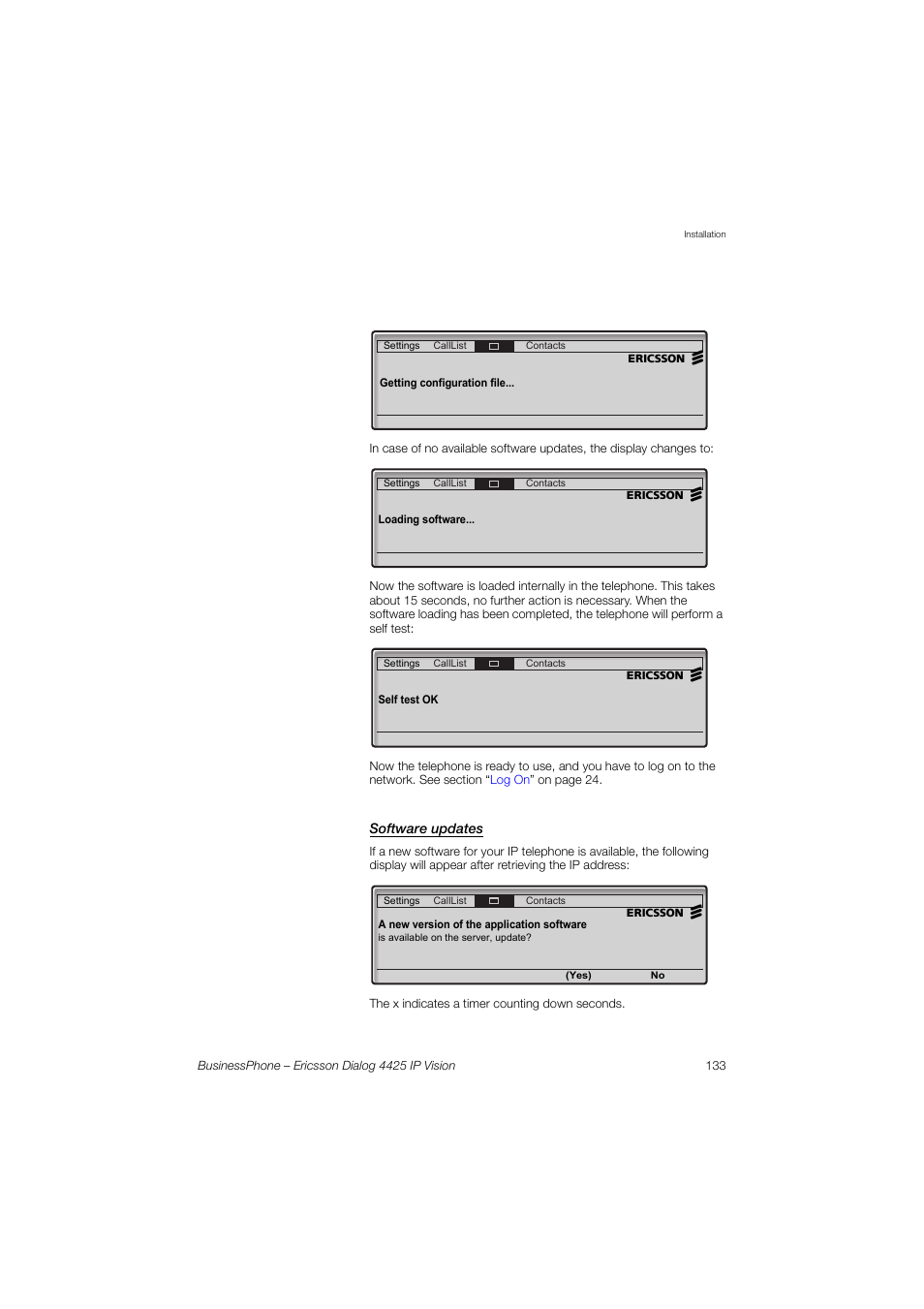 Software updates, Section, Ction | Software, Updates | Ericsson IP Vision Dialog 4425 User Manual | Page 133 / 152