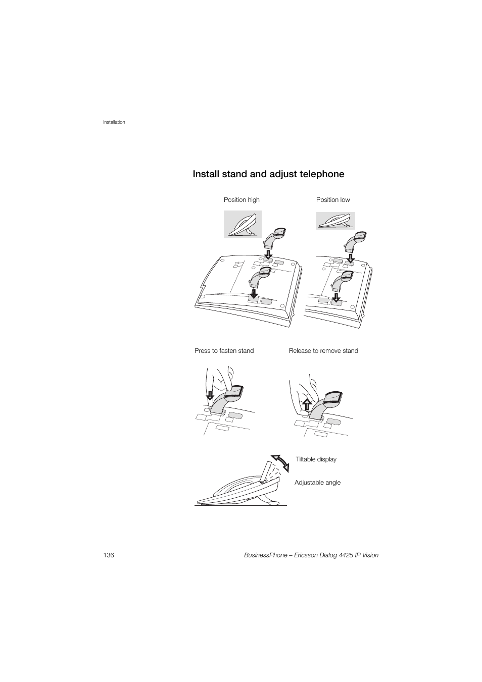 Install stand and adjust telephone | Ericsson IP Vision Dialog 4425 User Manual | Page 136 / 152