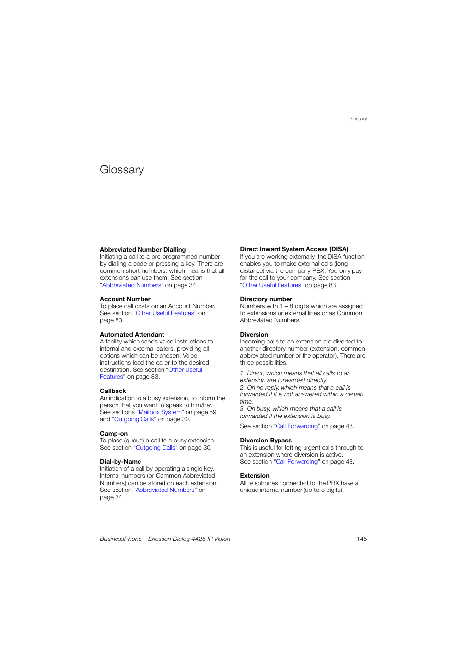 Glossary | Ericsson IP Vision Dialog 4425 User Manual | Page 145 / 152