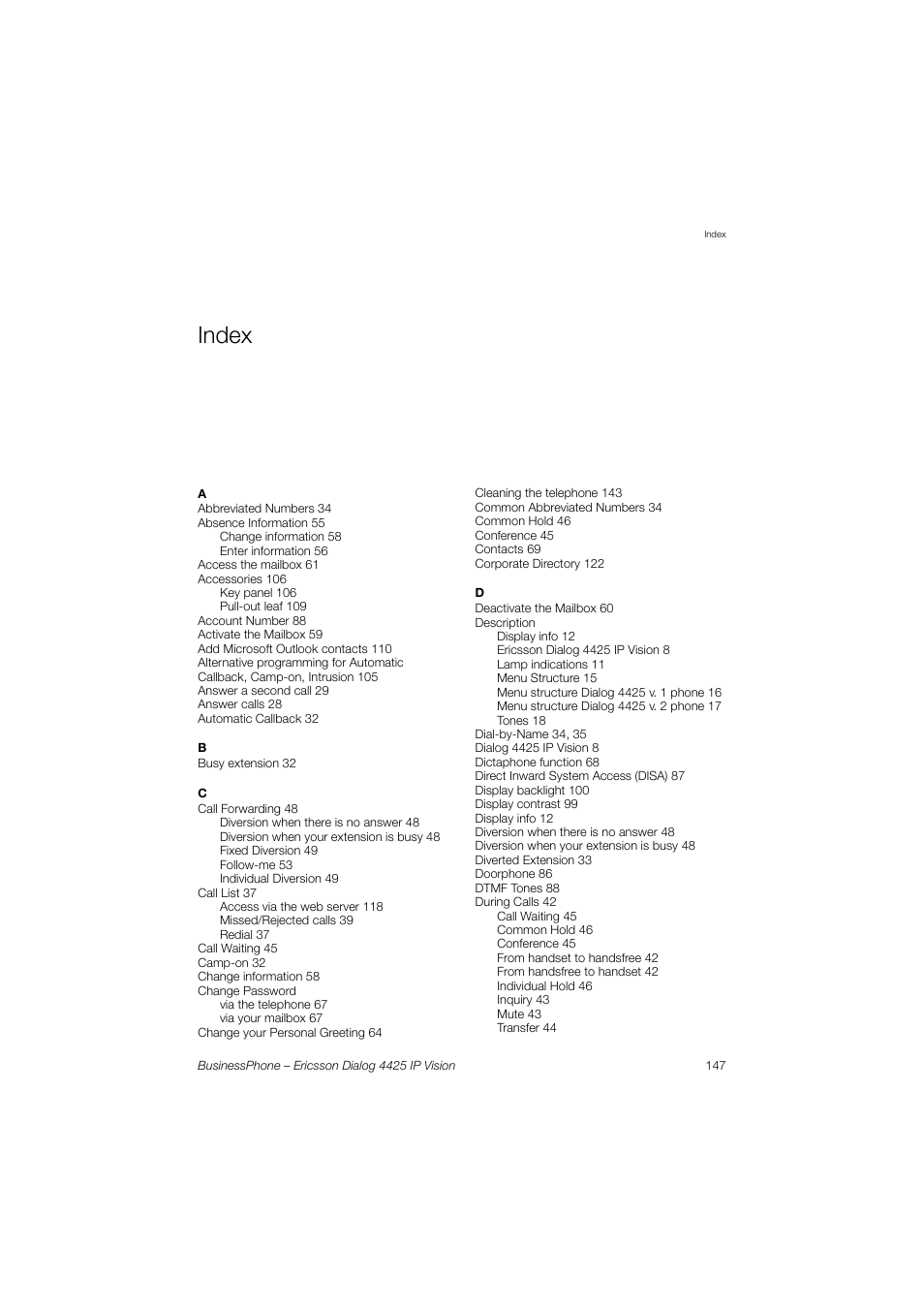 Index | Ericsson IP Vision Dialog 4425 User Manual | Page 147 / 152