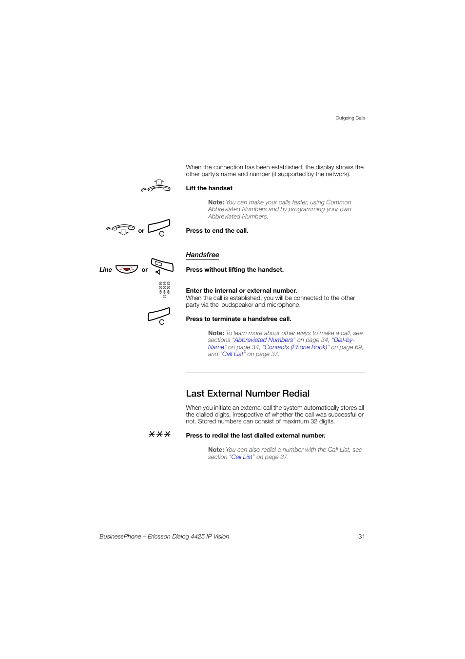 Handsfree, Last external number redial | Ericsson IP Vision Dialog 4425 User Manual | Page 31 / 152