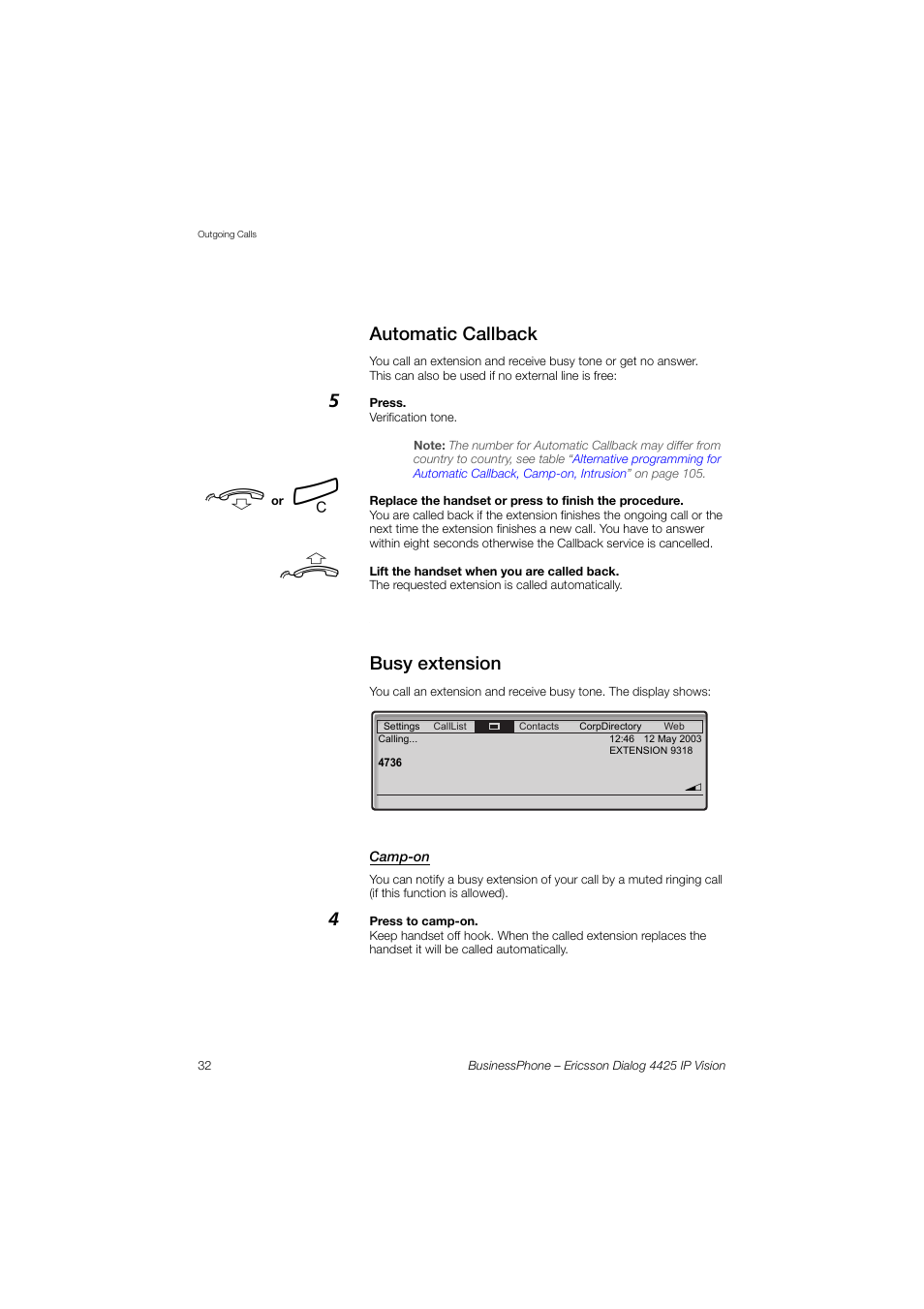 Automatic callback, Busy extension, Camp-on | Ericsson IP Vision Dialog 4425 User Manual | Page 32 / 152