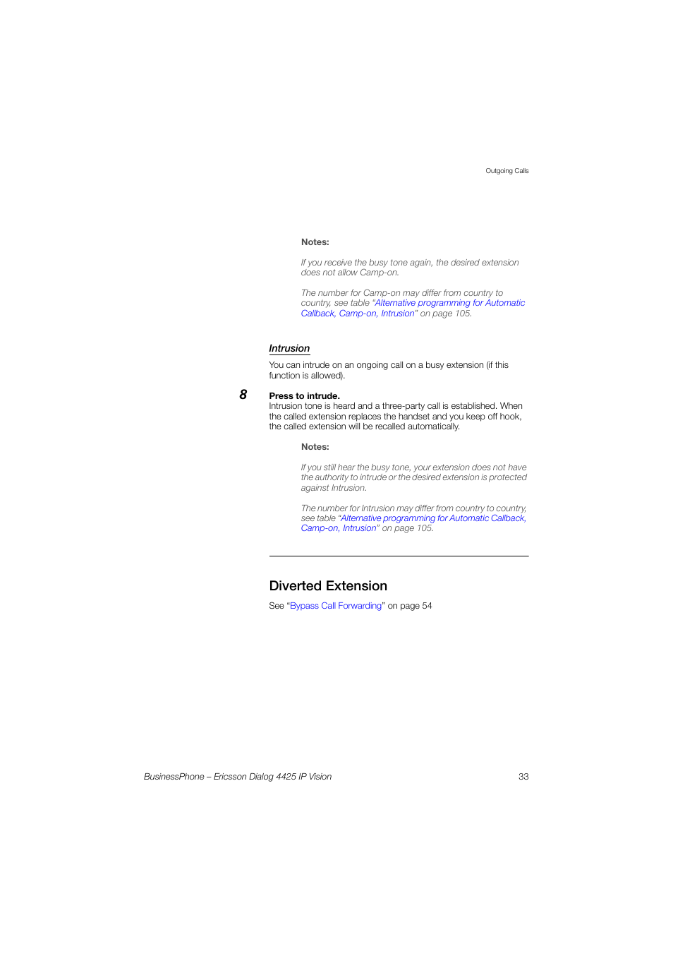 Intrusion, Diverted extension | Ericsson IP Vision Dialog 4425 User Manual | Page 33 / 152