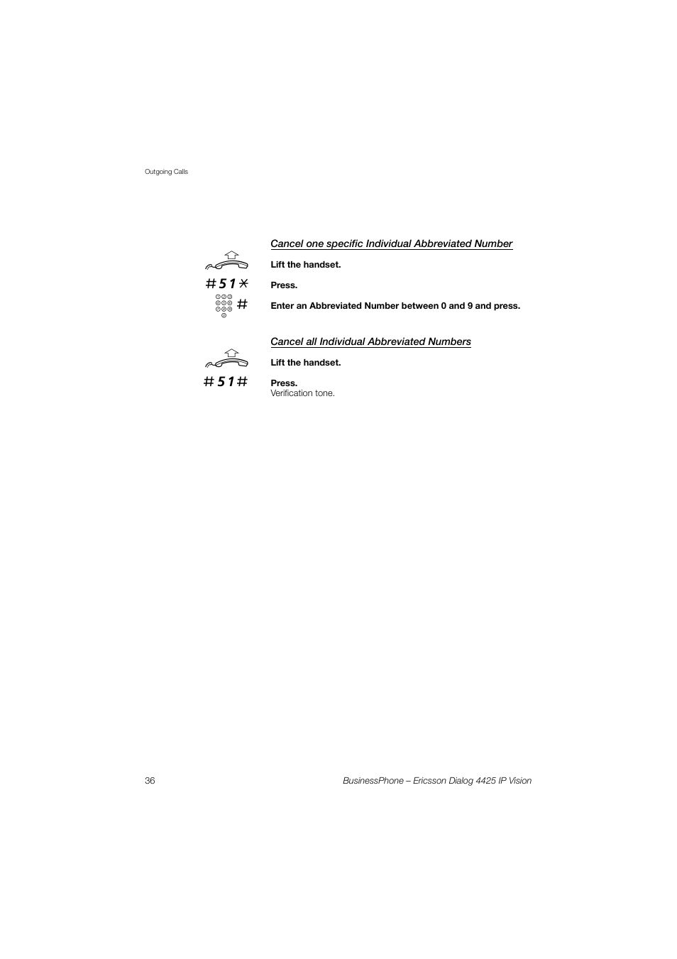 Cancel one specific individual abbreviated number, Cancel all individual abbreviated numbers | Ericsson IP Vision Dialog 4425 User Manual | Page 36 / 152