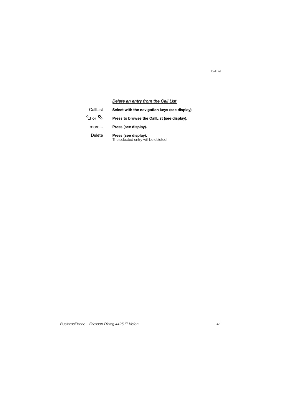 Delete an entry from the call list | Ericsson IP Vision Dialog 4425 User Manual | Page 41 / 152