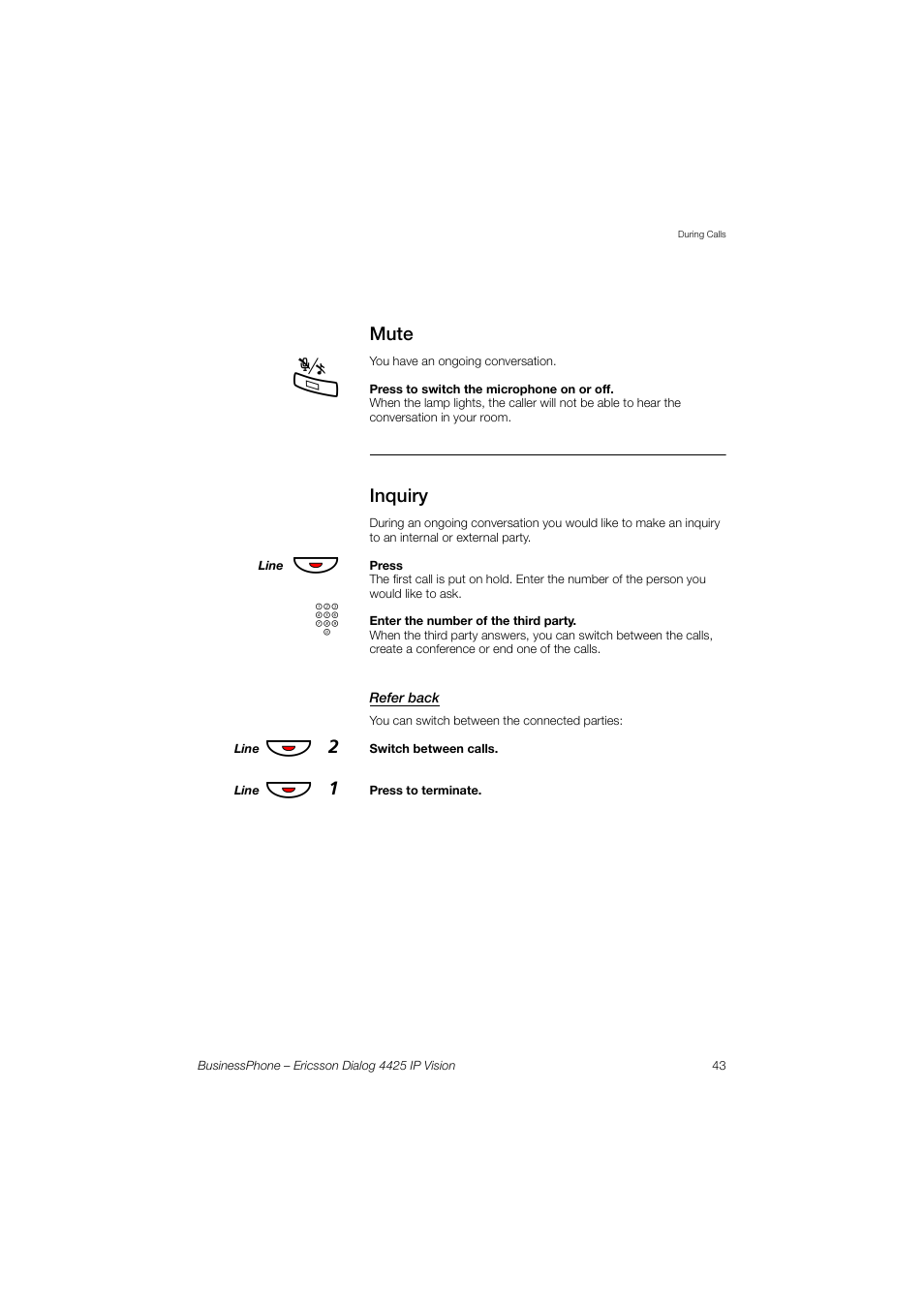 Mute, Inquiry, Refer back | Хф 2, Хф 1 | Ericsson IP Vision Dialog 4425 User Manual | Page 43 / 152