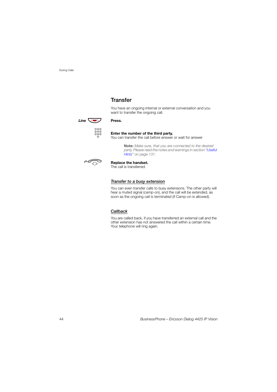 Transfer, Transfer to a busy extension, Callback | Ericsson IP Vision Dialog 4425 User Manual | Page 44 / 152
