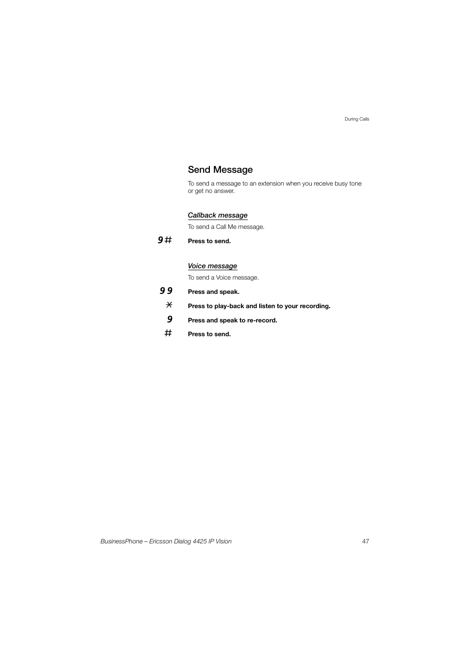 Send message, Callback message, Voice message | Ericsson IP Vision Dialog 4425 User Manual | Page 47 / 152