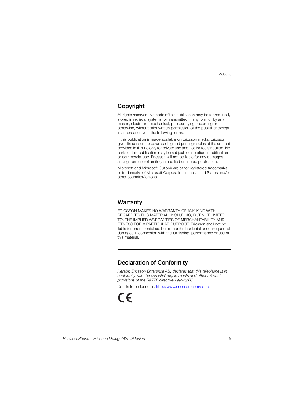 Copyright, Warranty, Declaration of conformity | Ericsson IP Vision Dialog 4425 User Manual | Page 5 / 152