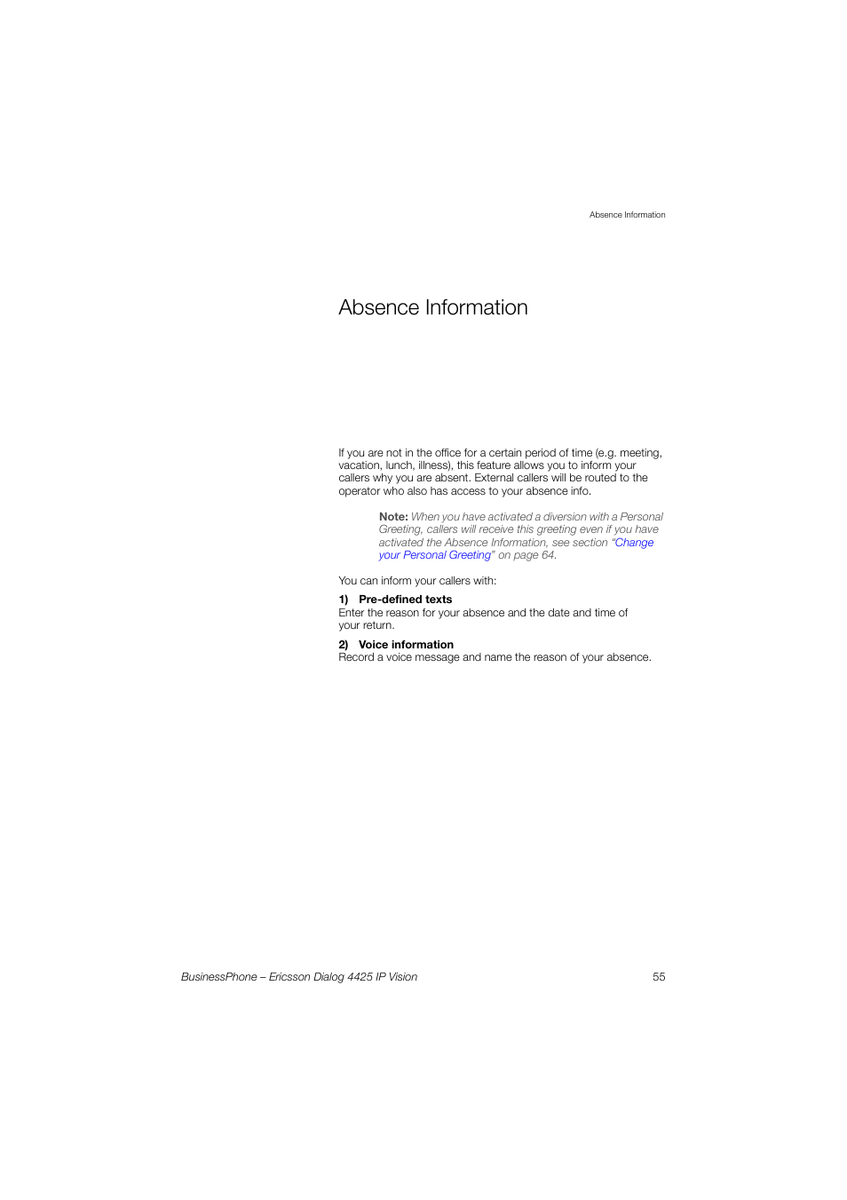 Absence information | Ericsson IP Vision Dialog 4425 User Manual | Page 55 / 152