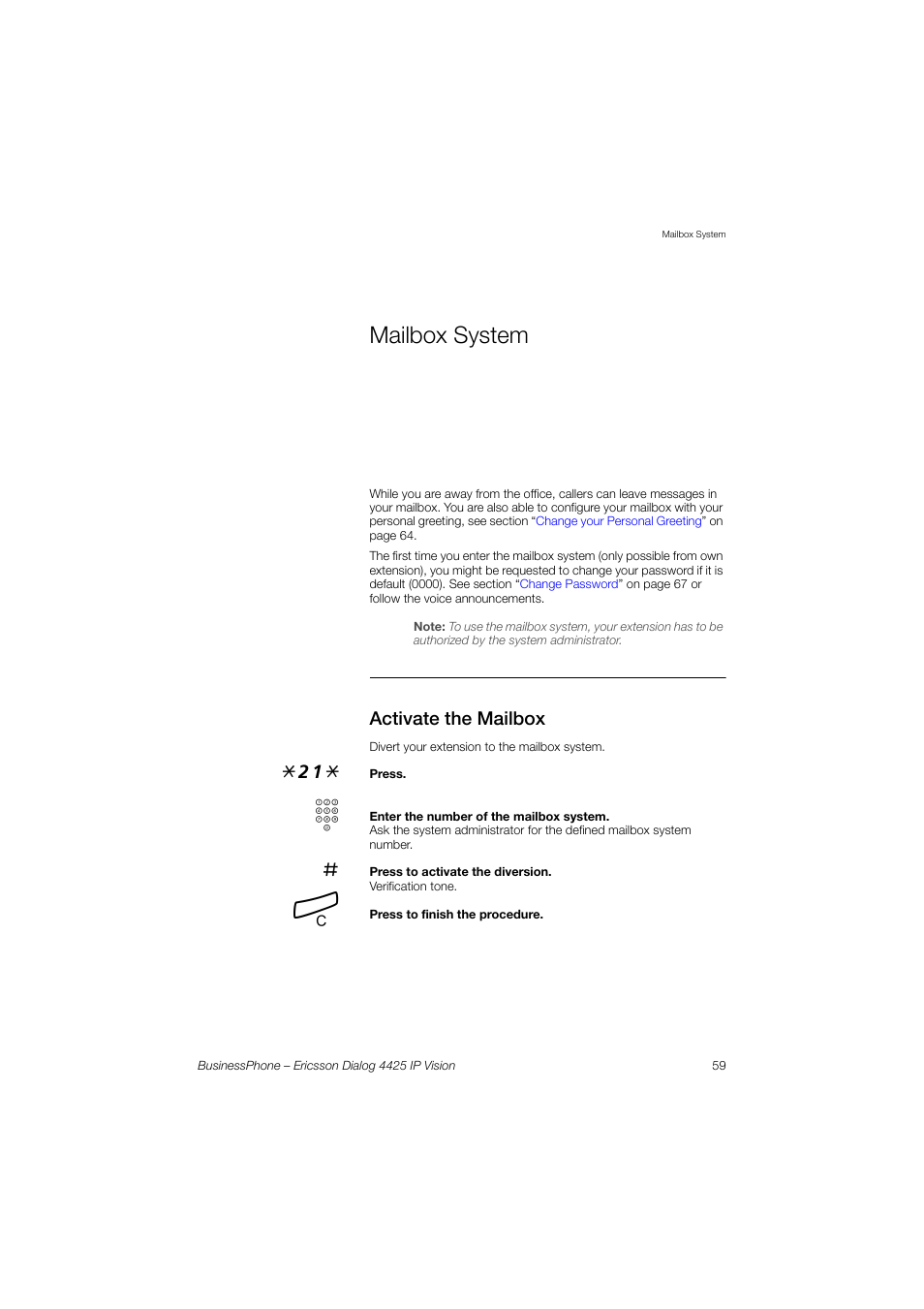 Mailbox system, Activate the mailbox | Ericsson IP Vision Dialog 4425 User Manual | Page 59 / 152