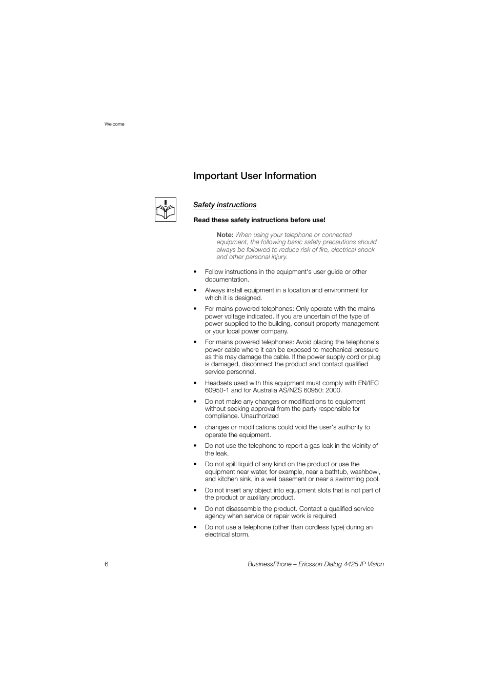 Important user information, Safety instructions | Ericsson IP Vision Dialog 4425 User Manual | Page 6 / 152