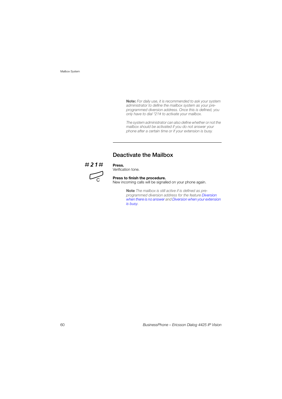 Deactivate the mailbox | Ericsson IP Vision Dialog 4425 User Manual | Page 60 / 152