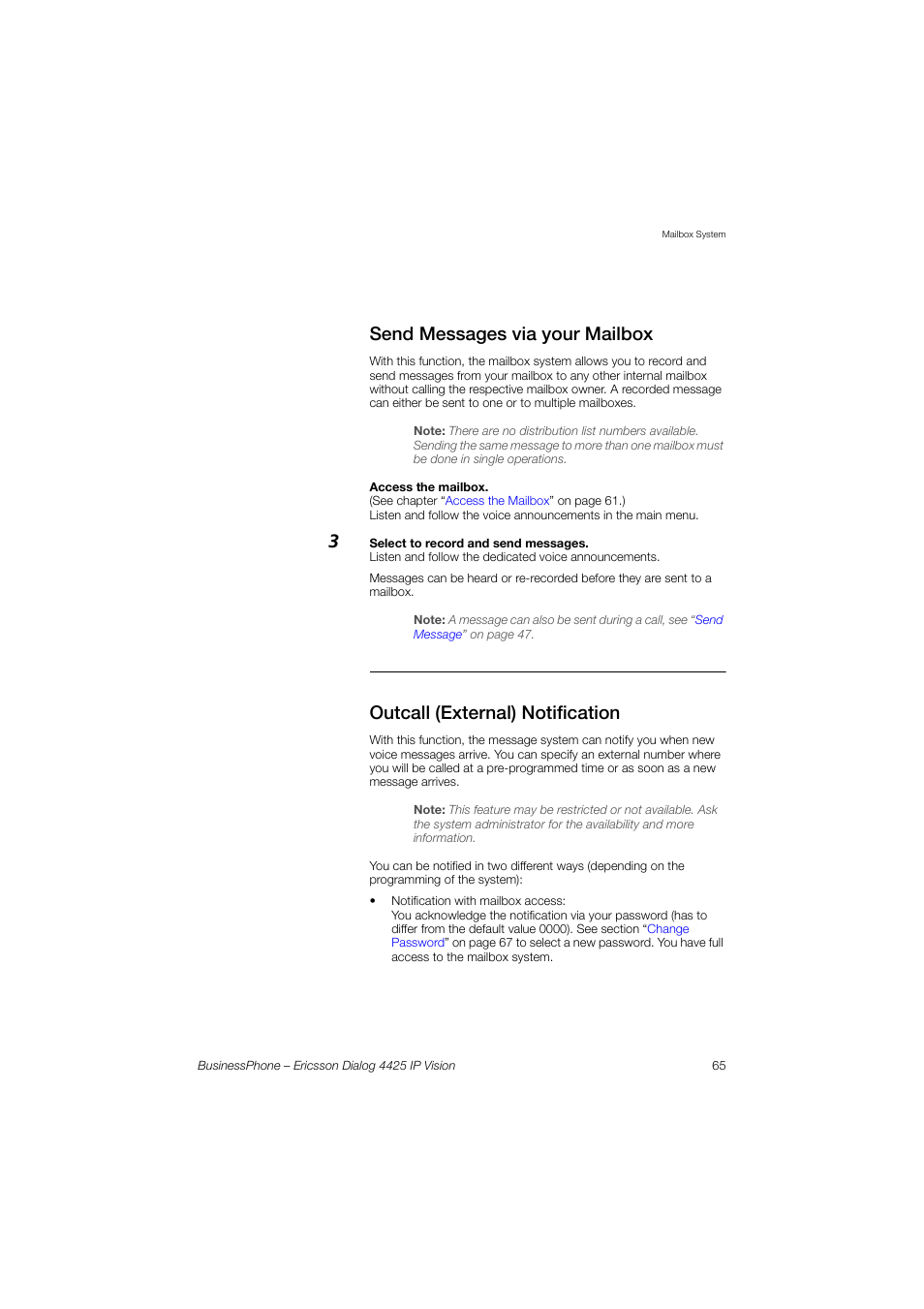 Send messages via your mailbox, Outcall (external) notification | Ericsson IP Vision Dialog 4425 User Manual | Page 65 / 152