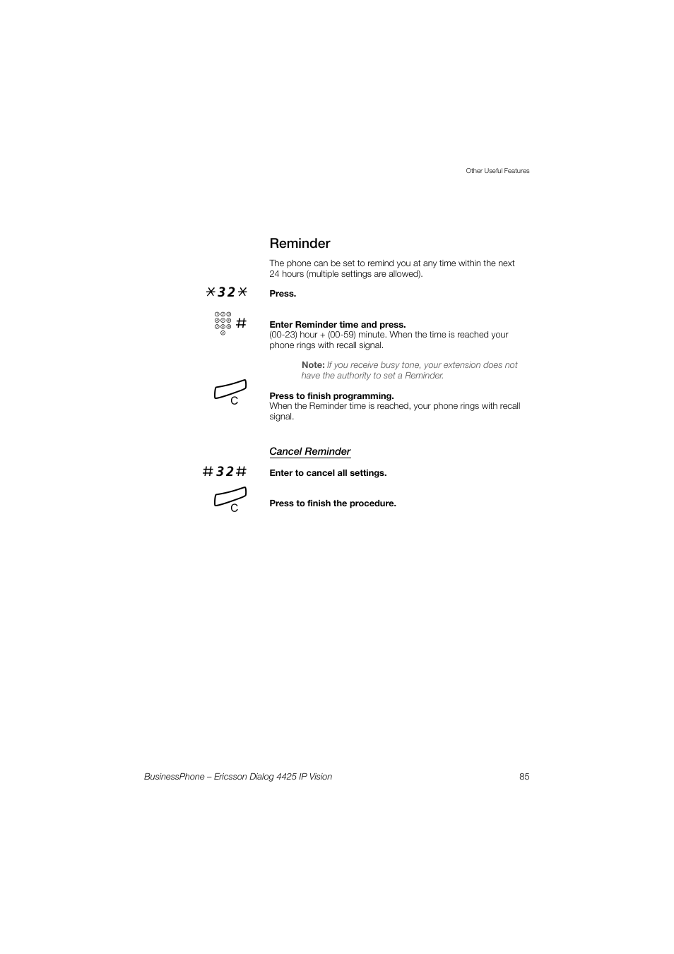 Reminder, Cancel reminder | Ericsson IP Vision Dialog 4425 User Manual | Page 85 / 152