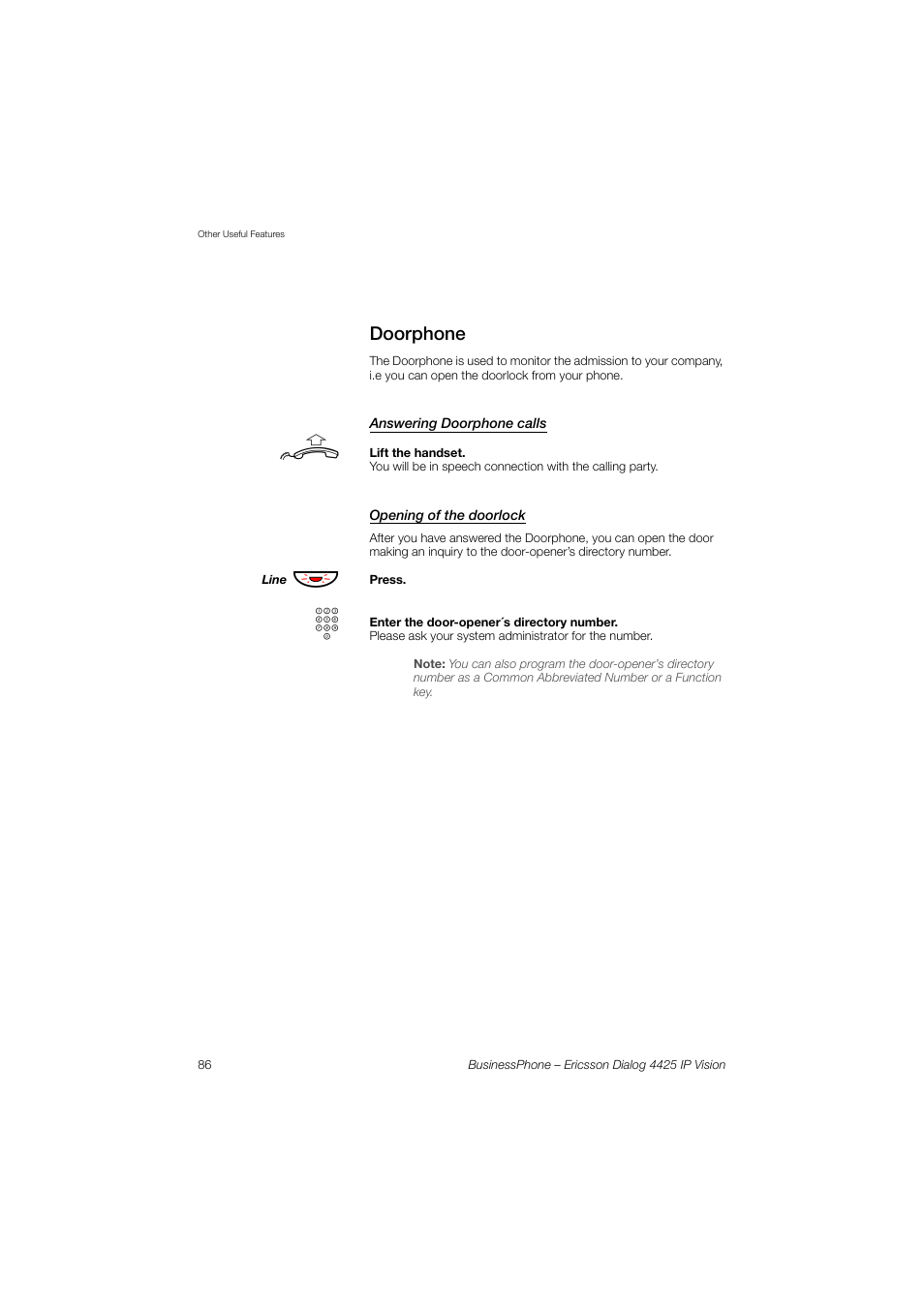 Doorphone, Answering doorphone calls, Opening of the doorlock | Ericsson IP Vision Dialog 4425 User Manual | Page 86 / 152