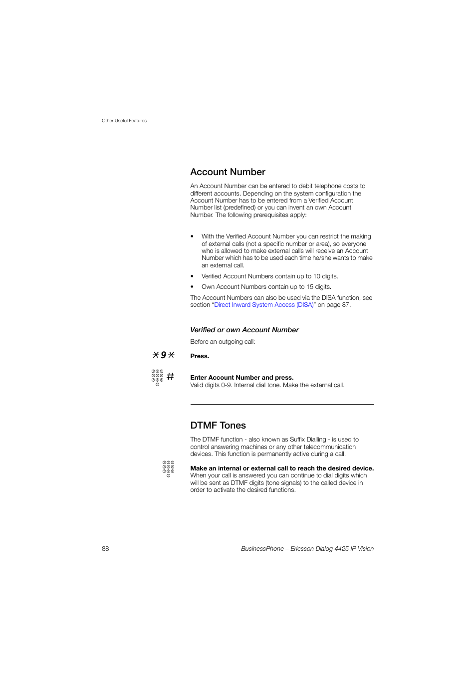 Account number, Verified or own account number, Dtmf tones | Account, Number | Ericsson IP Vision Dialog 4425 User Manual | Page 88 / 152