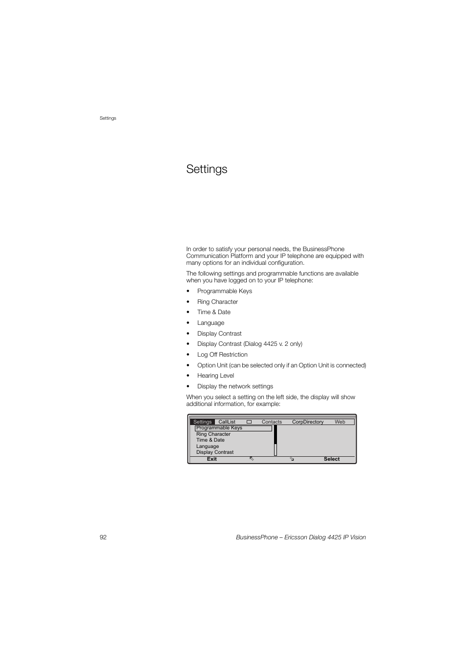 Settings | Ericsson IP Vision Dialog 4425 User Manual | Page 92 / 152