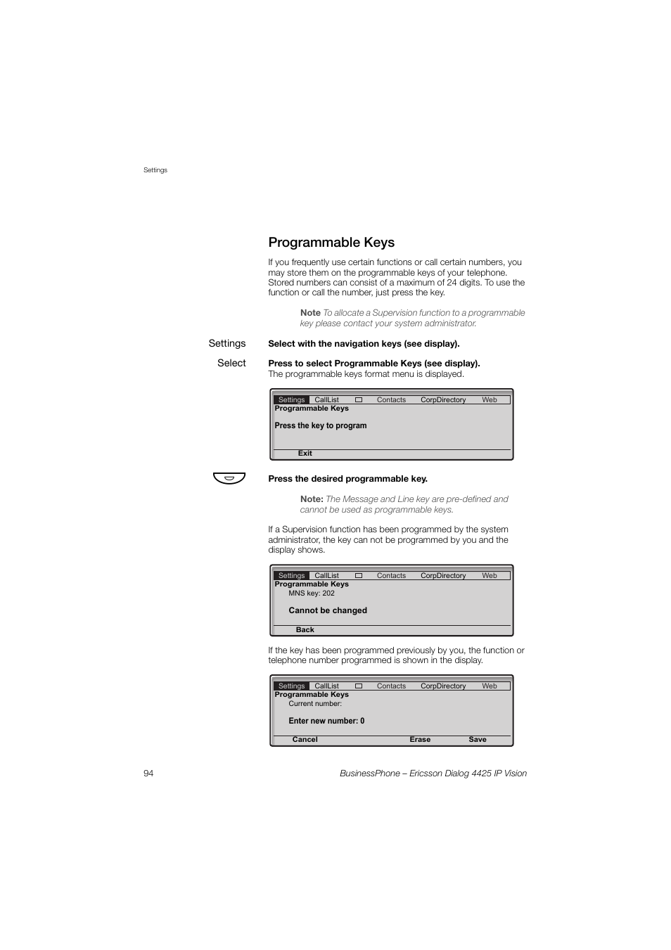 Programmable keys, Programmable, Keys | Ericsson IP Vision Dialog 4425 User Manual | Page 94 / 152