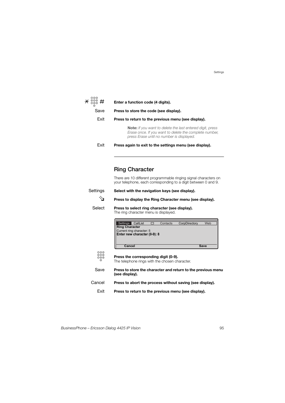 Ring character | Ericsson IP Vision Dialog 4425 User Manual | Page 95 / 152