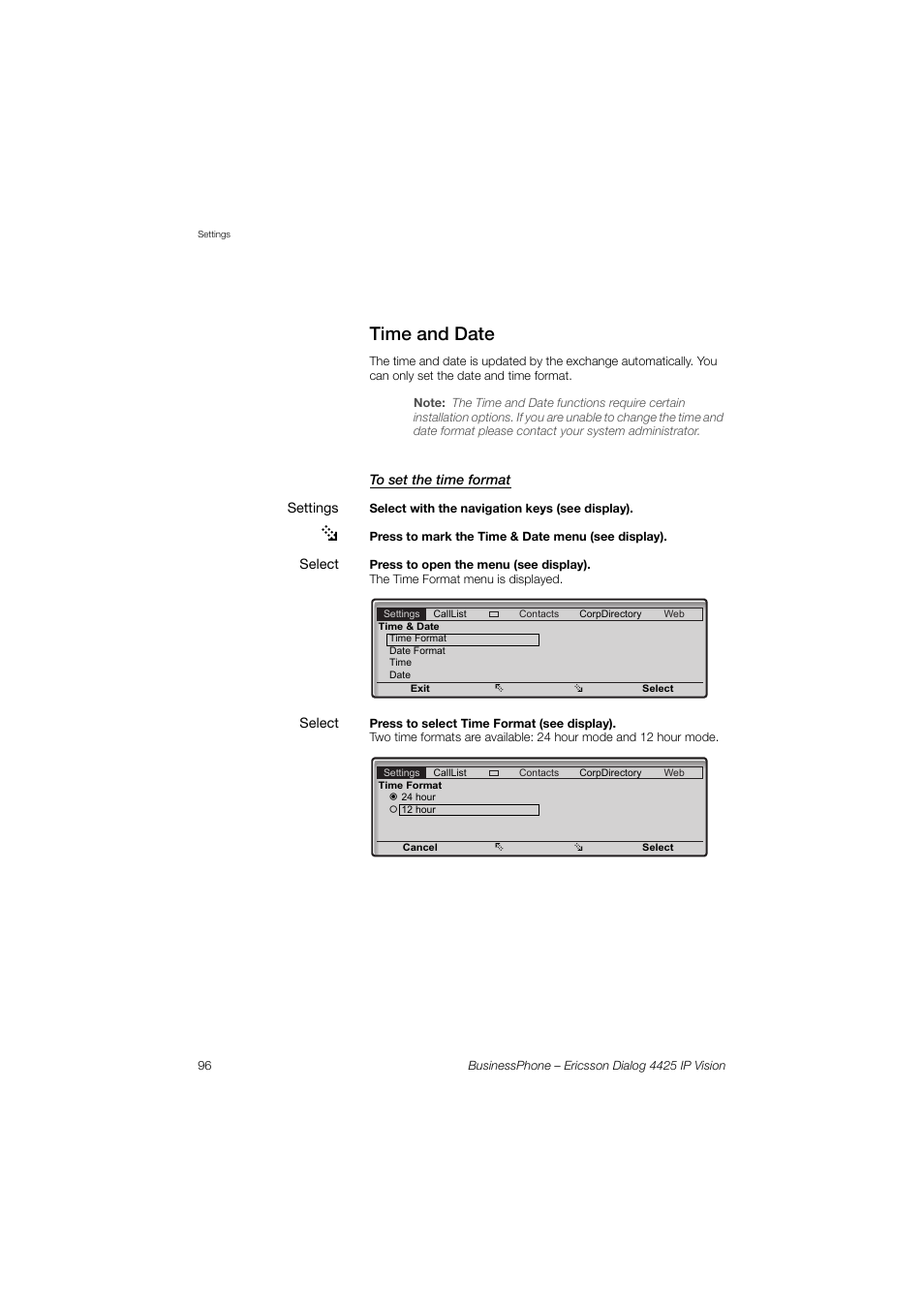 Time and date, To set the time format | Ericsson IP Vision Dialog 4425 User Manual | Page 96 / 152