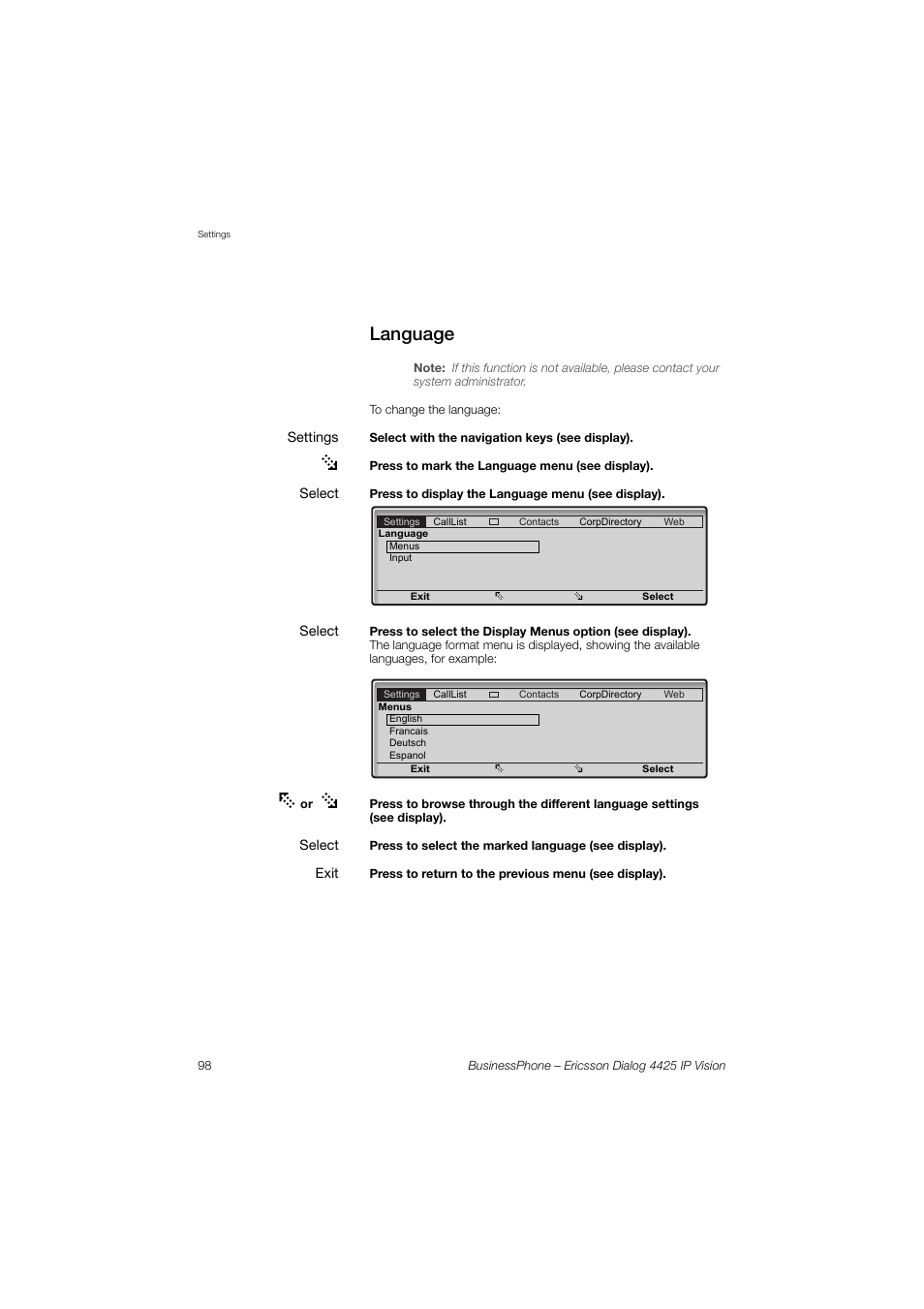 Language | Ericsson IP Vision Dialog 4425 User Manual | Page 98 / 152