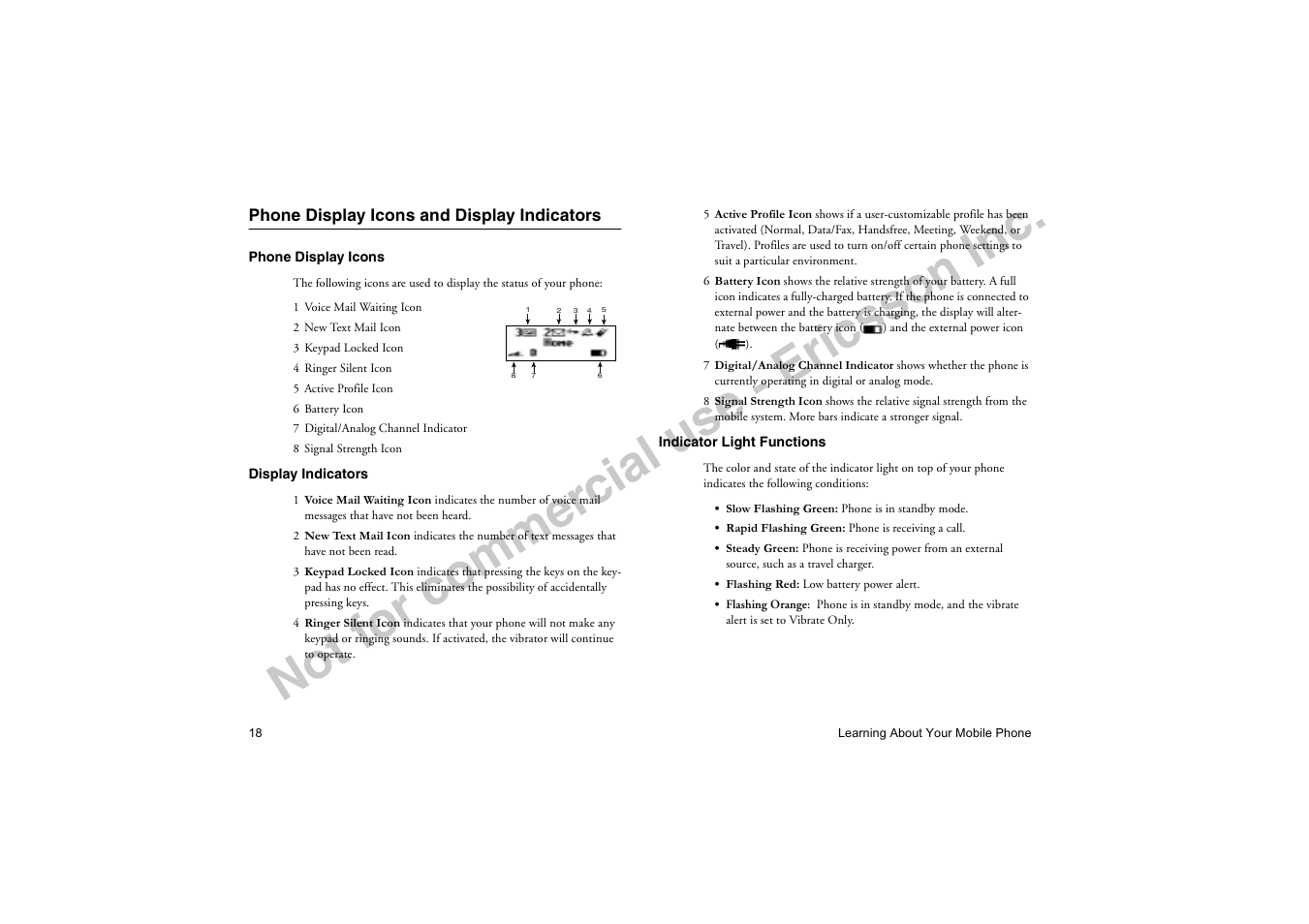 Phone display icons and display indicators, No t f or co m m er cia l u se - e ric ss on in c | Ericsson T19LX User Manual | Page 22 / 84