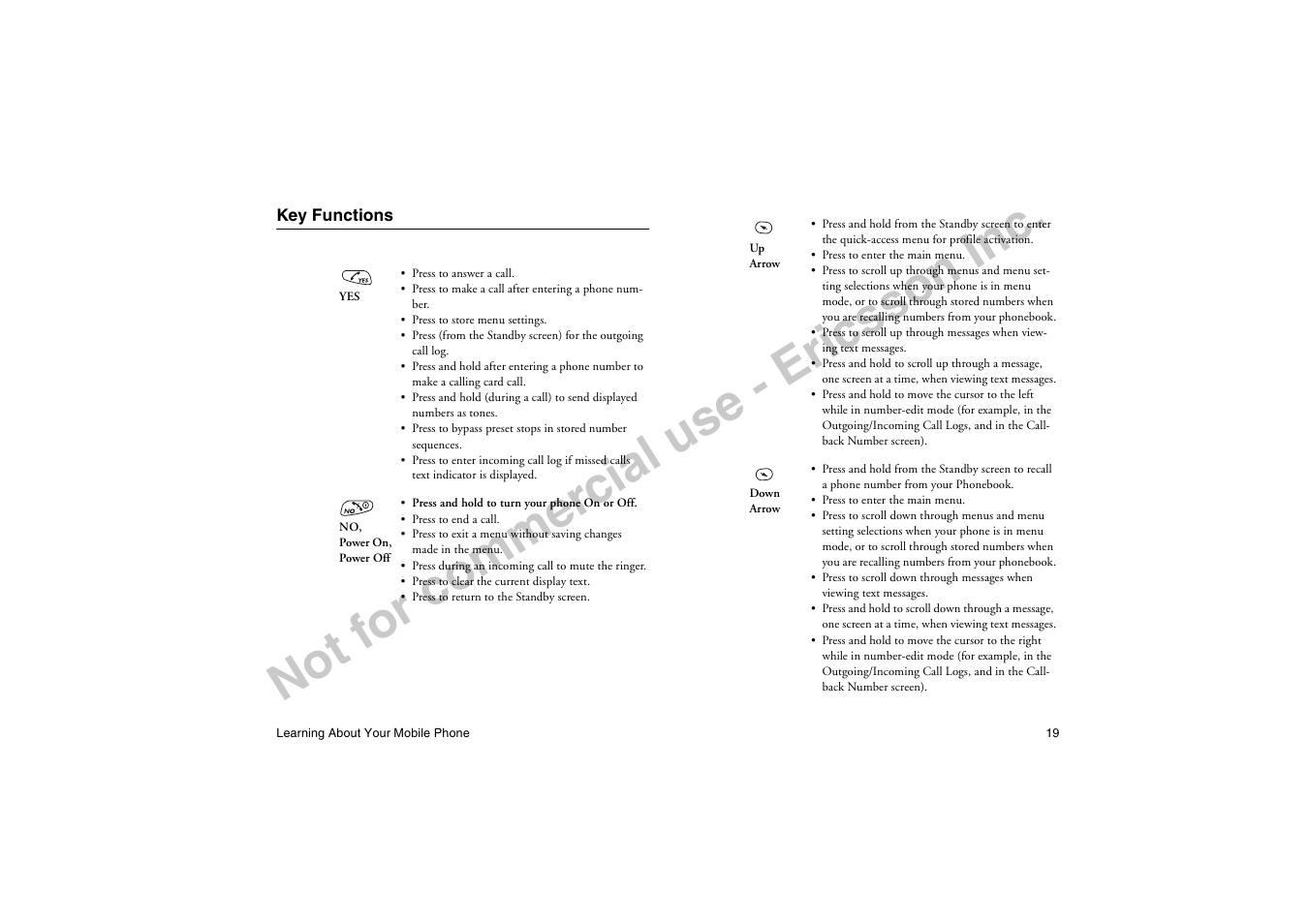 Key functions, No t f or co m m er cia l u se - e ric ss on in c | Ericsson T19LX User Manual | Page 23 / 84