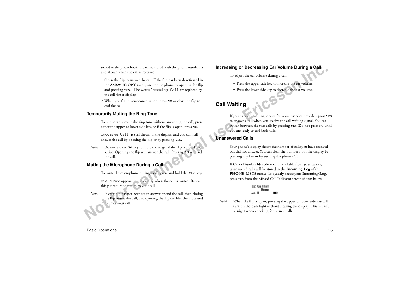 Call waiting, No t f or co m m er cia l u se - e ric ss on in c | Ericsson T19LX User Manual | Page 29 / 84