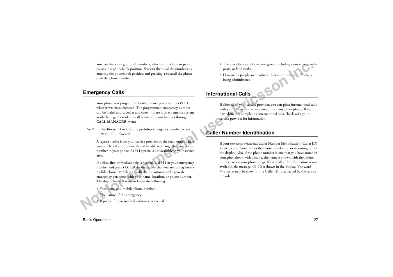 Emergency calls, International calls, Caller number identification | No t f or co m m er cia l u se - e ric ss on in c | Ericsson T19LX User Manual | Page 31 / 84