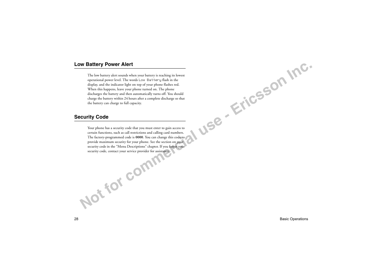 Low battery power alert, Security code, Low battery power alert security code | No t f or co m m er cia l u se - e ric ss on in c | Ericsson T19LX User Manual | Page 32 / 84
