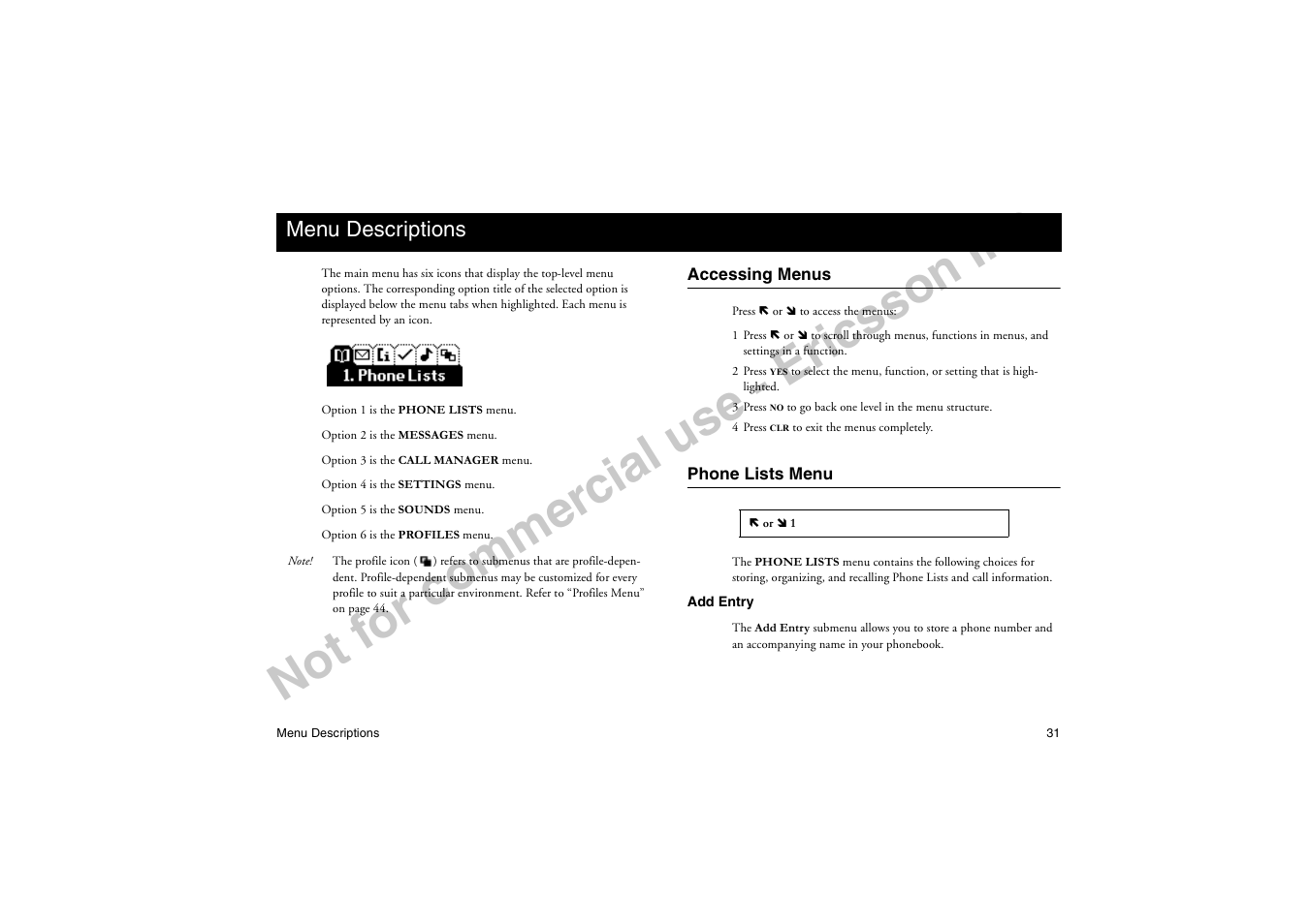 Menu descriptions, Accessing menus, Phone lists menu | Accessing menus phone lists menu, No t f or co m m er cia l u se - e ric ss on in c | Ericsson T19LX User Manual | Page 35 / 84