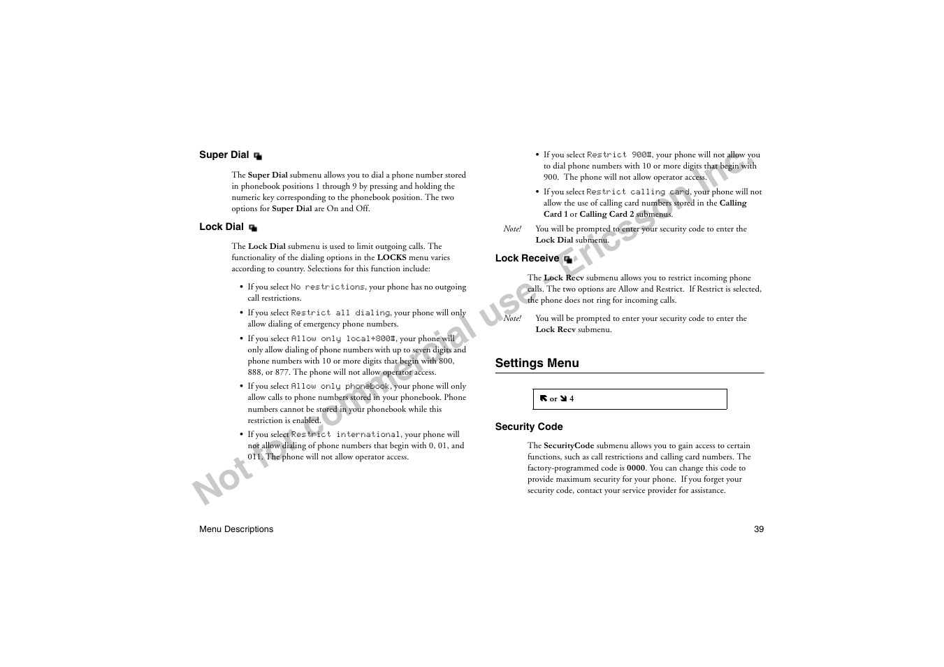 Settings menu, No t f or co m m er cia l u se - e ric ss on in c | Ericsson T19LX User Manual | Page 43 / 84