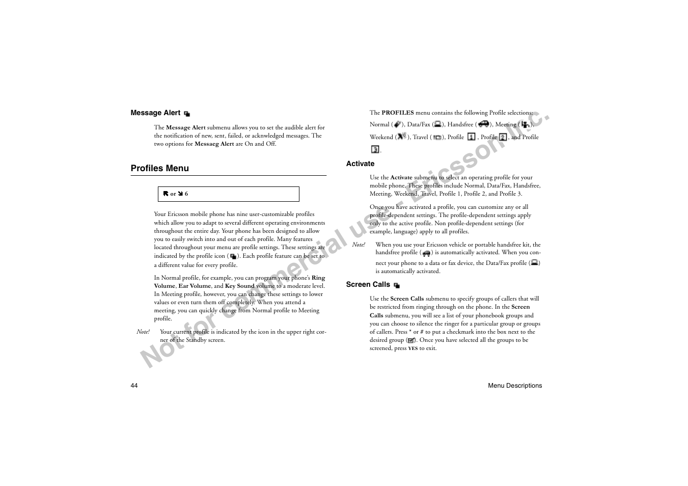 Profiles menu, No t f or co m m er cia l u se - e ric ss on in c | Ericsson T19LX User Manual | Page 48 / 84