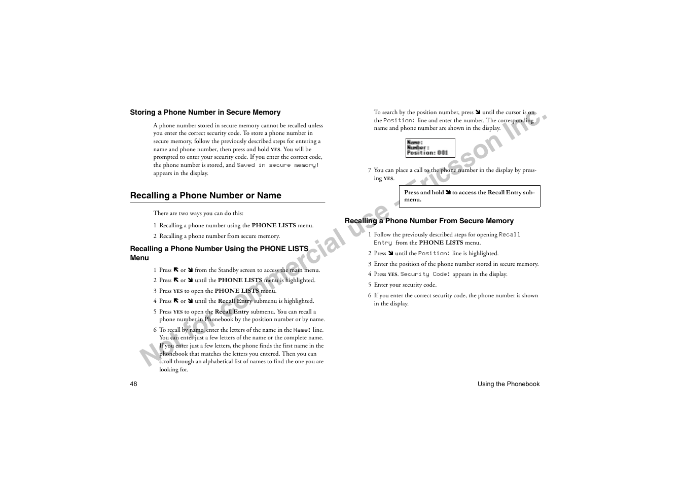 Recalling a phone number or name, No t f or co m m er cia l u se - e ric ss on in c | Ericsson T19LX User Manual | Page 52 / 84