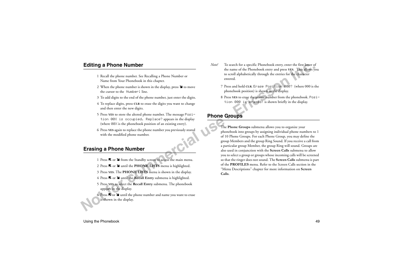 Editing a phone number, Erasing a phone number, Phone groups | No t f or co m m er cia l u se - e ric ss on in c | Ericsson T19LX User Manual | Page 53 / 84