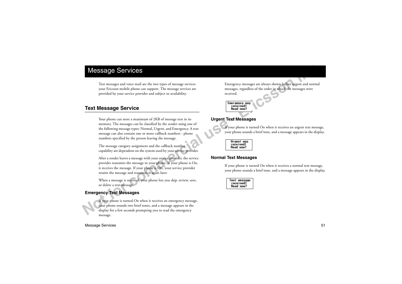 Message services, Text message service, No t f or co m m er cia l u se - e ric ss on in c | Ericsson T19LX User Manual | Page 55 / 84