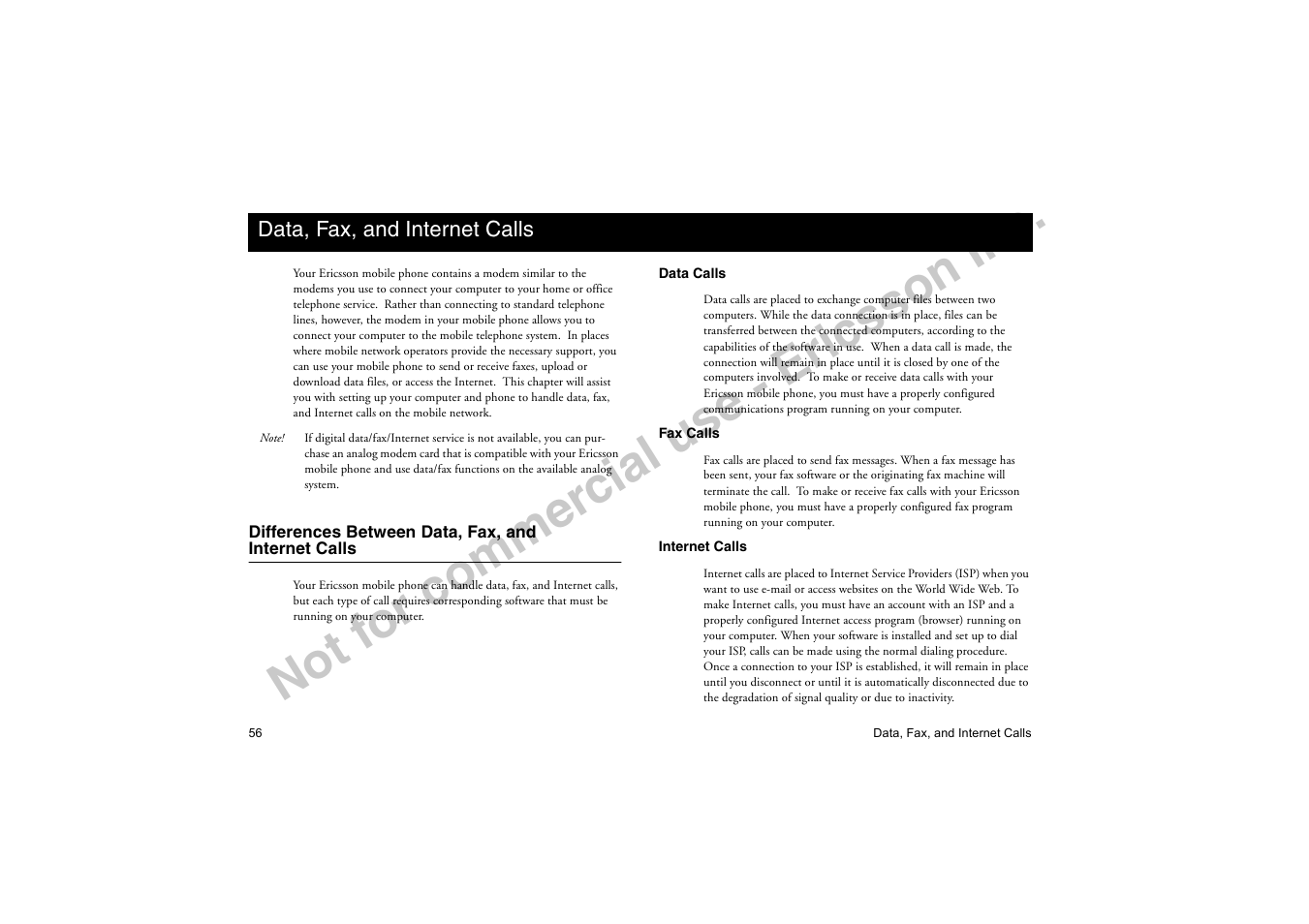 Data, fax, and internet calls, Differences between data, fax, and internetcalls, Differences between data, fax, and internet calls | No t f or co m m er cia l u se - e ric ss on in c | Ericsson T19LX User Manual | Page 60 / 84